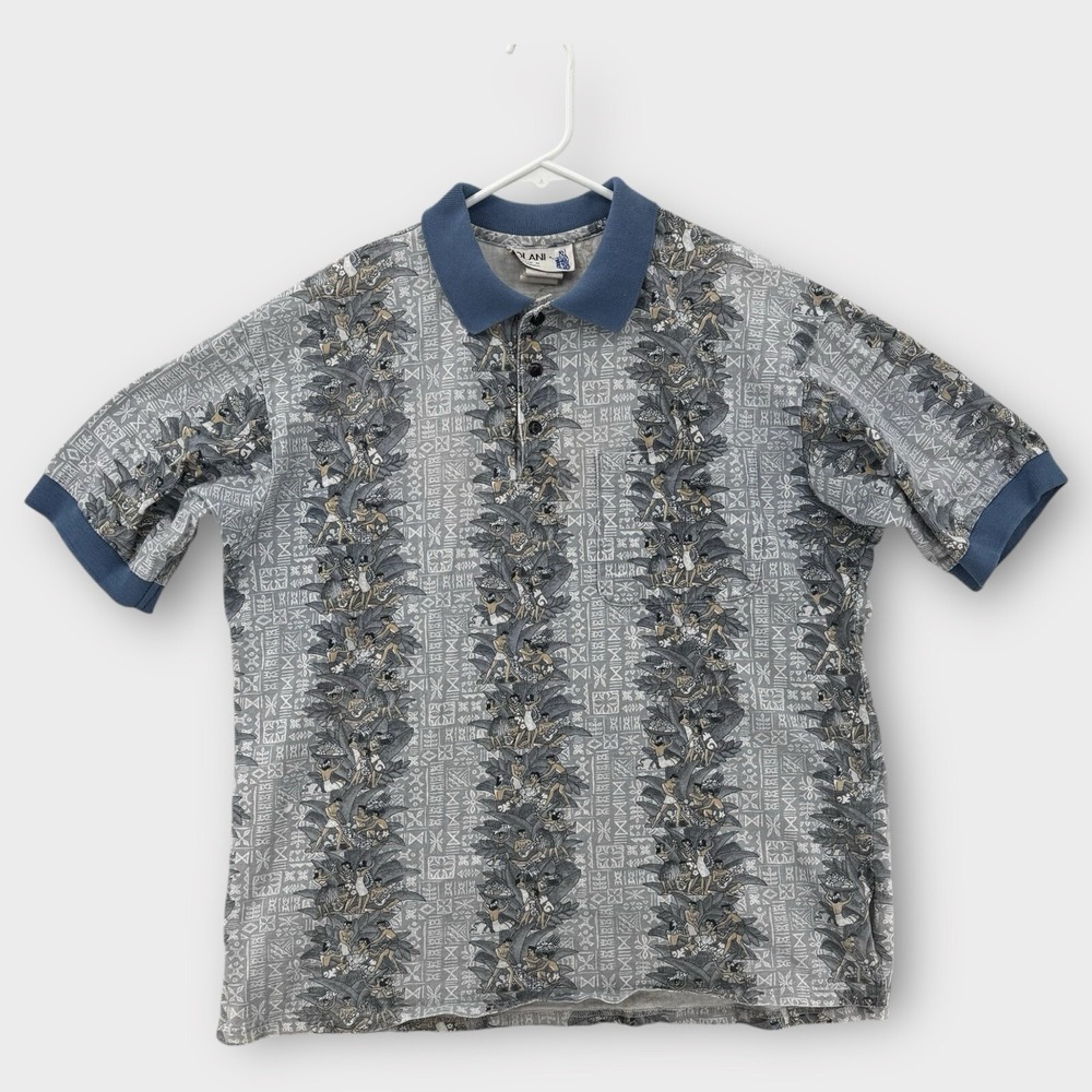 Vintage 1970s Iolani Hawaiian Shirt Polo Mens Medium Hula Dancers All Over Print
